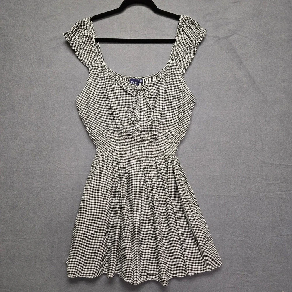 Gap Gingham Cottagecore Country Mini Dress Womens L Tall Black Ruffle Sleeve - Picture 3 of 13